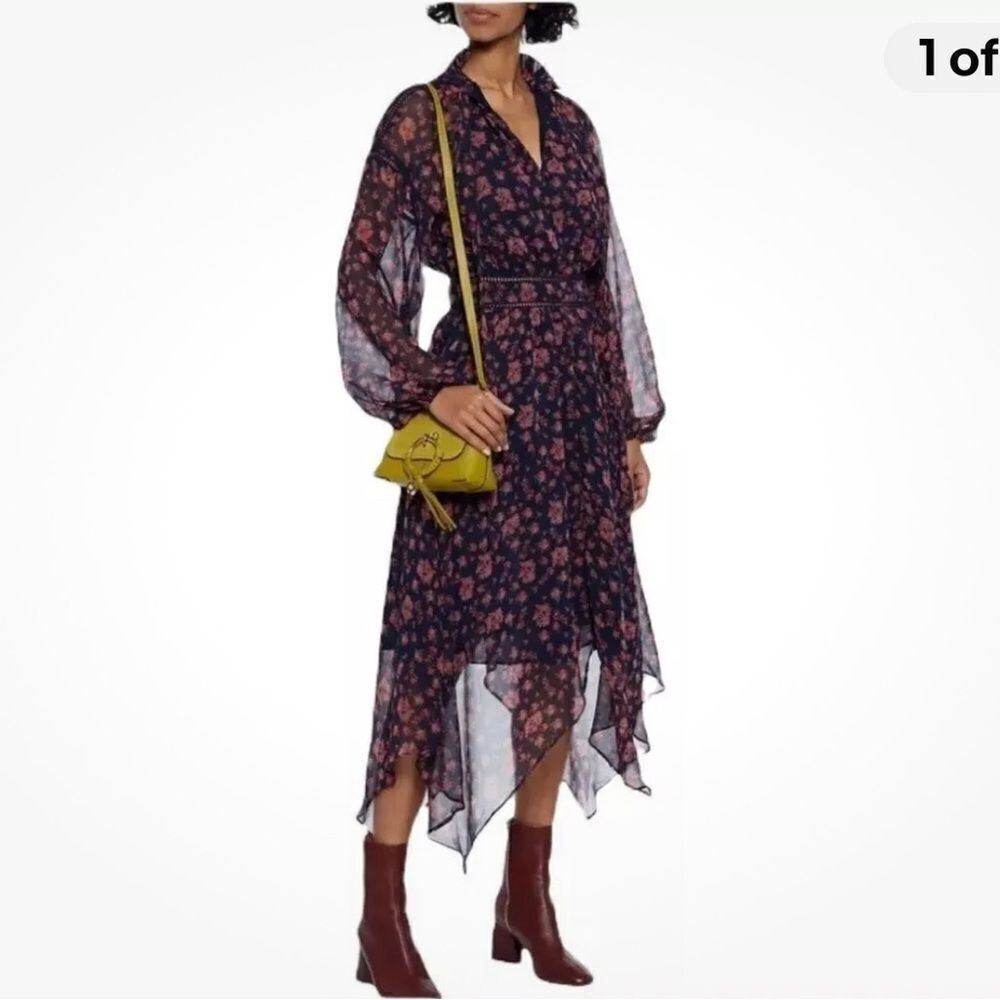 Walter Baker pink and navy floral asymmetrical hem dress